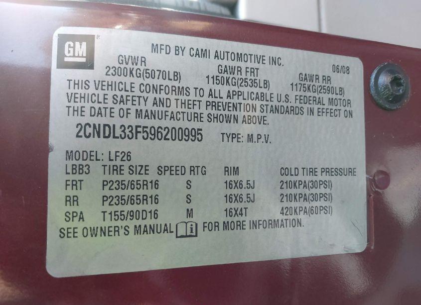 Photo 9 of 2009 Chevrolet Equinox LT (VIN 2CNDL33F596200995)