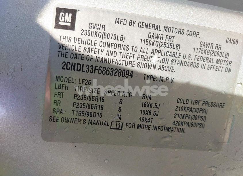 Photo 9 of 2008 Chevrolet Equinox LT (VIN 2CNDL33F686328094)