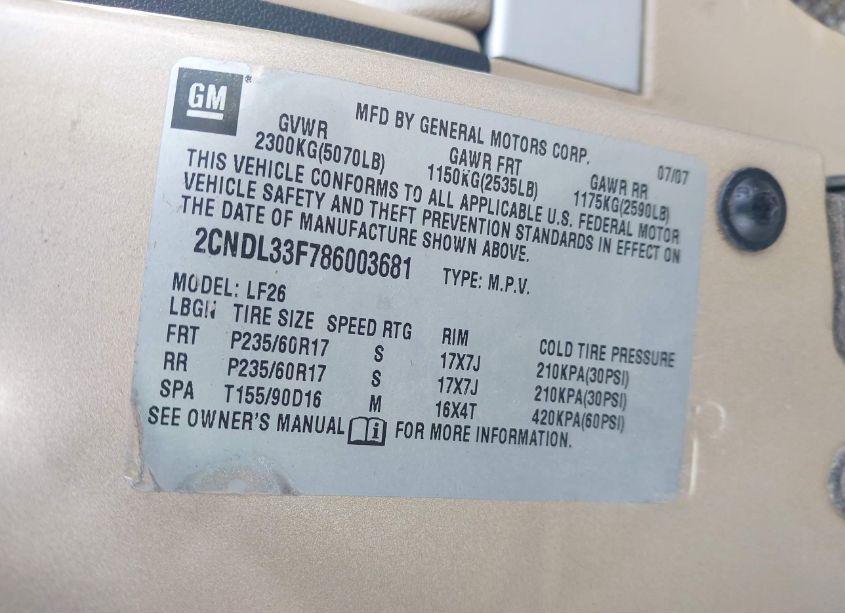 Photo 9 of 2008 Chevrolet Equinox LT (VIN 2CNDL33F786003681)