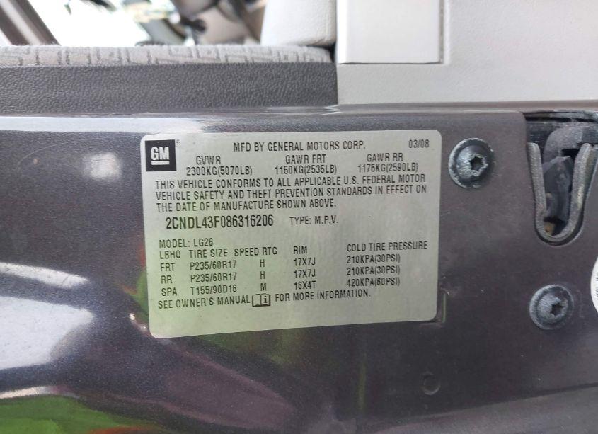 Photo 9 of 2008 Chevrolet Equinox LT (VIN 2CNDL43F086316206)