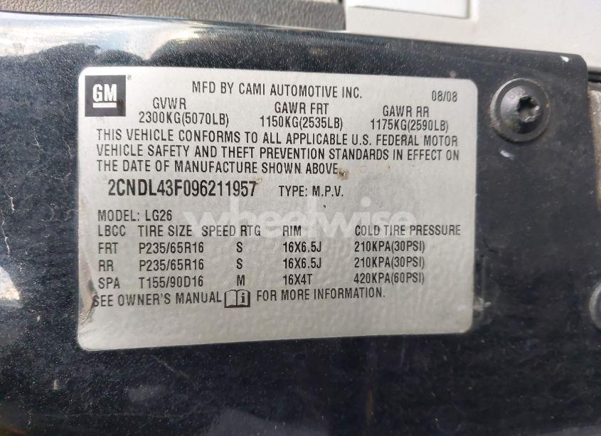 Photo 9 of 2009 Chevrolet Equinox LT (VIN 2CNDL43F096211957)