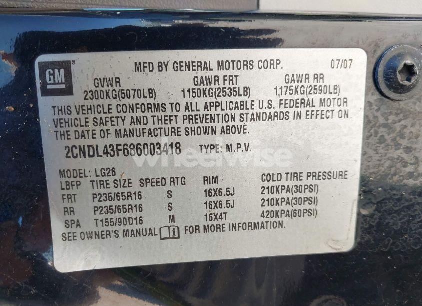 Photo 9 of 2008 Chevrolet Equinox LT (VIN 2CNDL43F686003418)