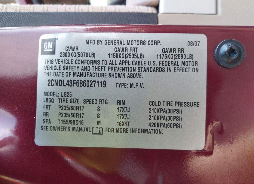 Photo 9 of 2008 Chevrolet Equinox LT (VIN 2CNDL43F686027119)