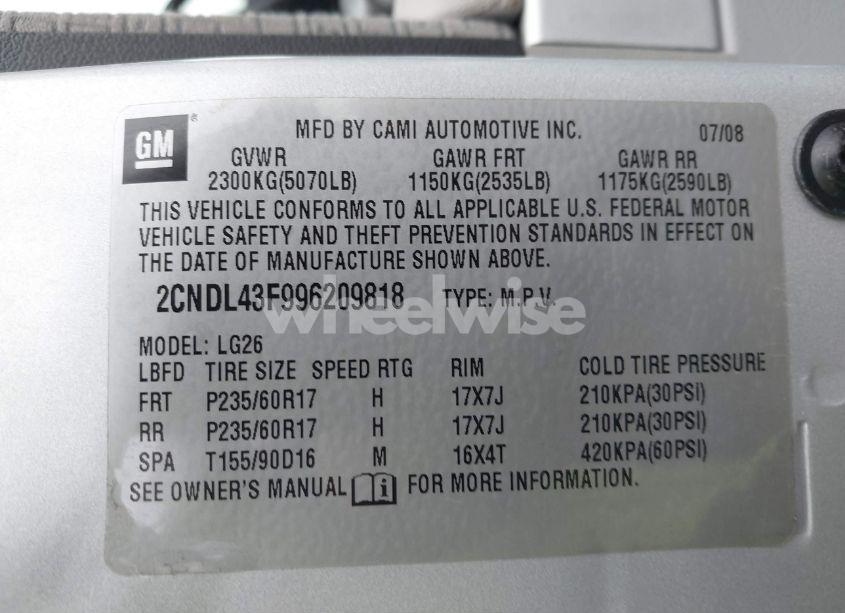Photo 9 of 2009 Chevrolet Equinox LT (VIN 2CNDL43F996209818)