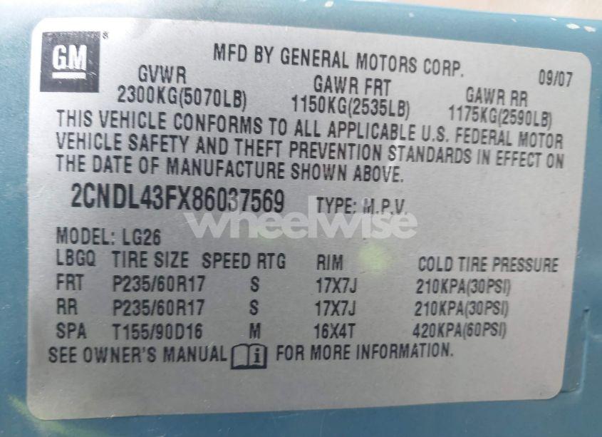 Photo 9 of 2008 Chevrolet Equinox LT (VIN 2CNDL43FX86037569)