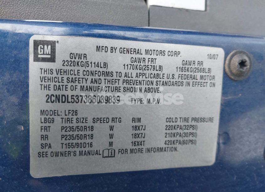 Photo 9 of 2008 Chevrolet Equinox SPORT (VIN 2CNDL537386039839)