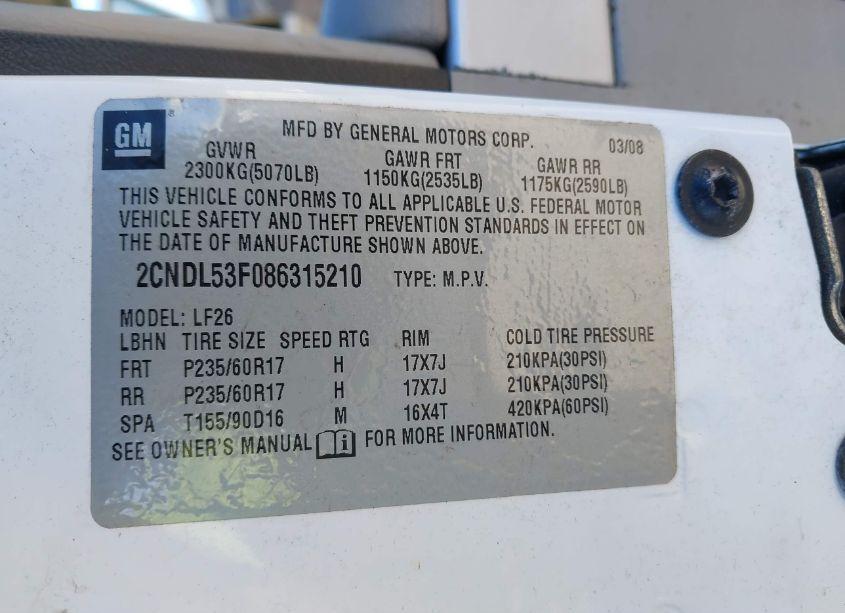 Photo 9 of 2008 Chevrolet Equinox LT (VIN 2CNDL53F086315210)