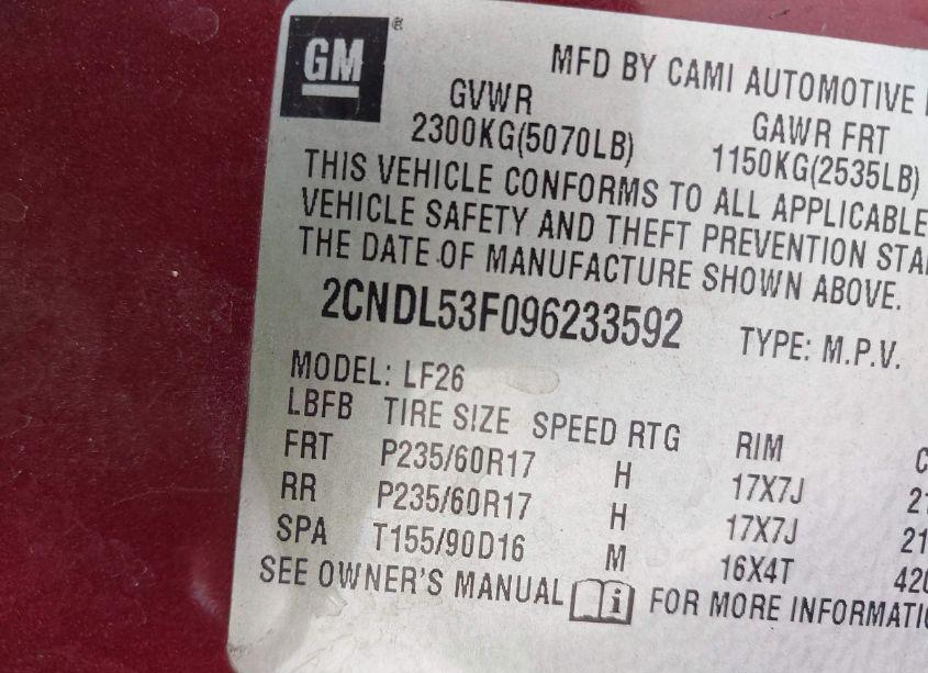 Photo 9 of 2009 Chevrolet Equinox LT (VIN 2CNDL53F096233592)