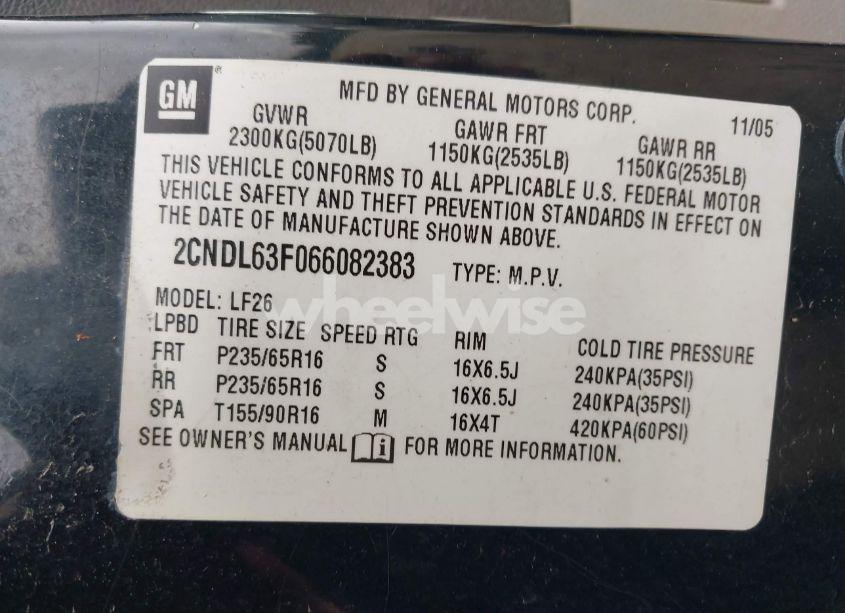 Photo 9 of 2006 Chevrolet Equinox LT (VIN 2CNDL63F066082383)