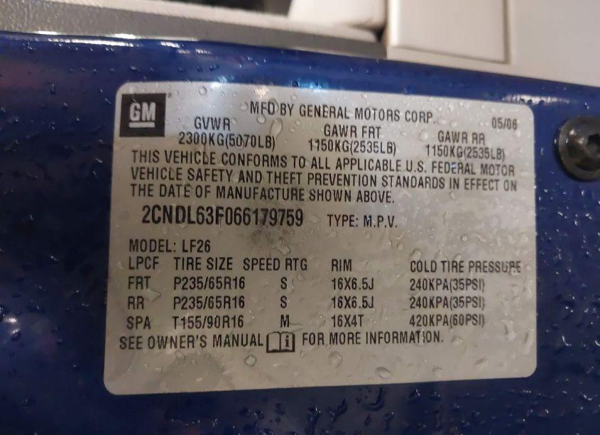 Photo 9 of 2006 Chevrolet Equinox LT (VIN 2CNDL63F066179759)