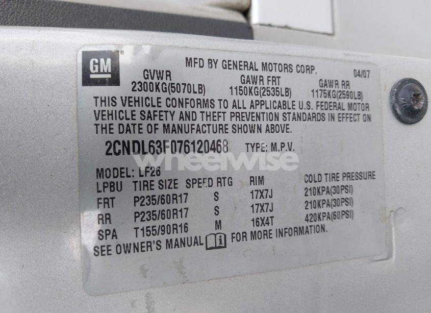 Photo 9 of 2007 Chevrolet Equinox LT (VIN 2CNDL63F076120468)