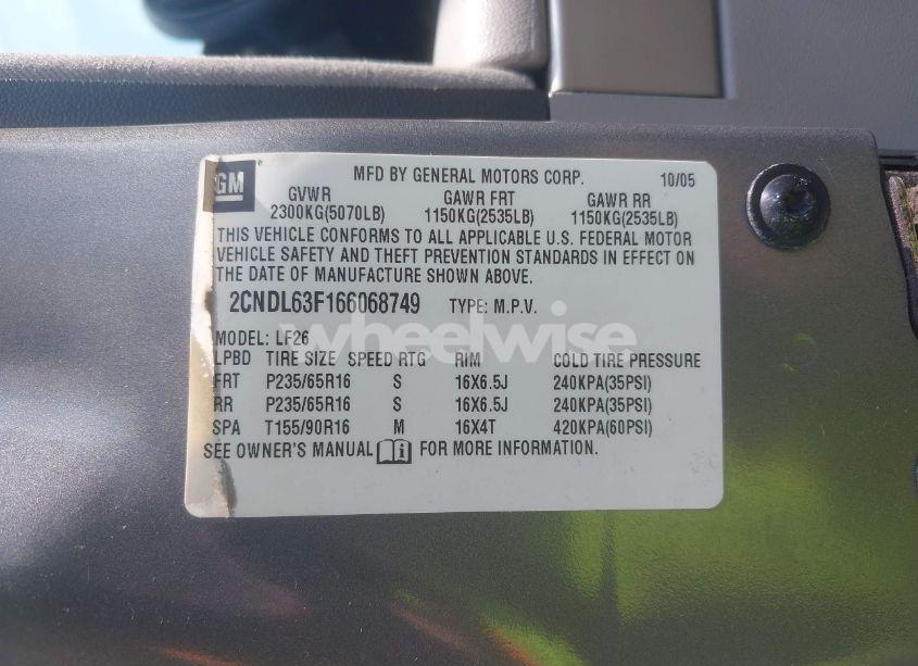 Photo 9 of 2006 Chevrolet Equinox LT (VIN 2CNDL63F166068749)