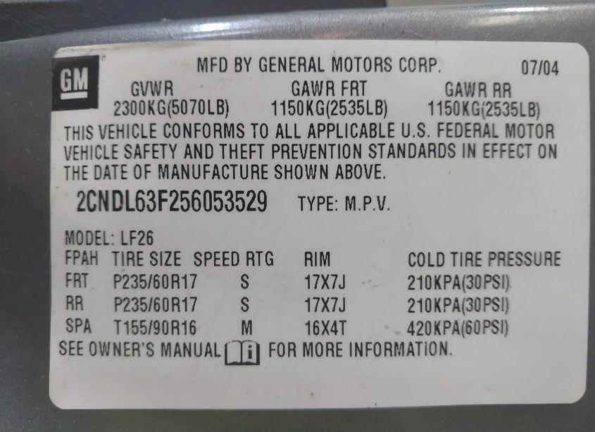 Photo 9 of 2005 Chevrolet Equinox LT (VIN 2CNDL63F256053529)