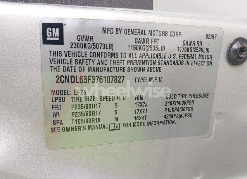 Photo 9 of 2007 Chevrolet Equinox LT (VIN 2CNDL63F376107827)