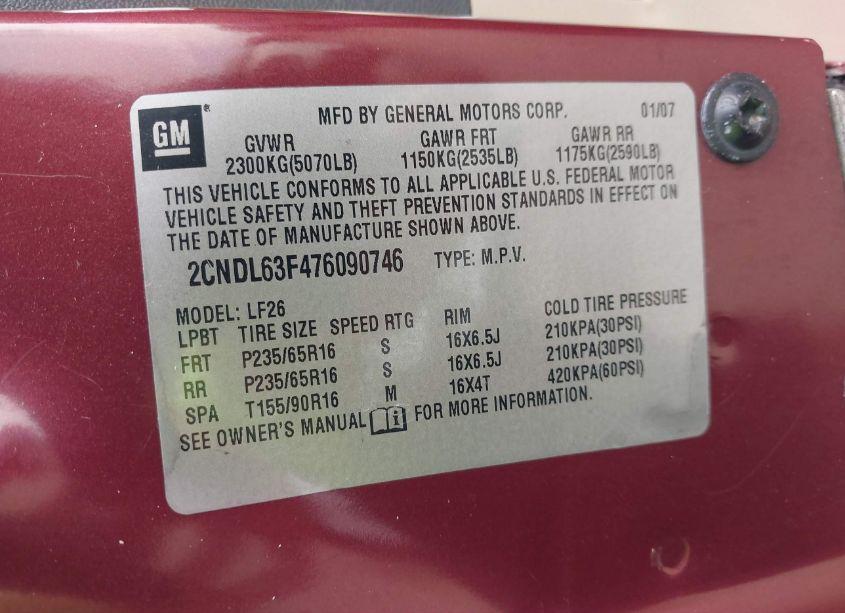 Photo 9 of 2007 Chevrolet Equinox LT (VIN 2CNDL63F476090746)