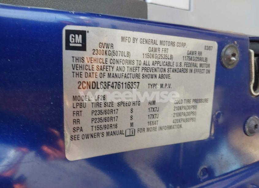 Photo 9 of 2007 Chevrolet Equinox LT (VIN 2CNDL63F476116357)