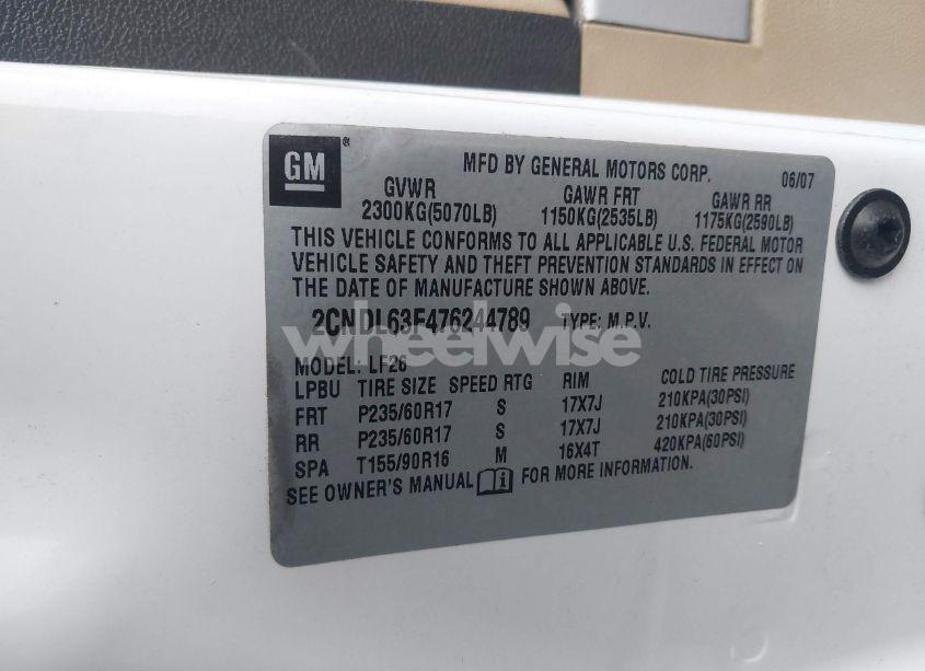 Photo 9 of 2007 Chevrolet Equinox LT (VIN 2CNDL63F476244789)