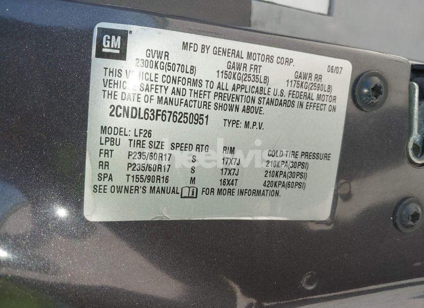 Photo 9 of 2007 Chevrolet Equinox LT (VIN 2CNDL63F676250951)