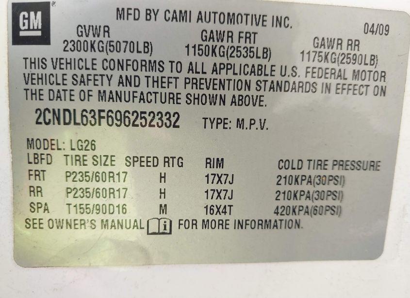 Photo 9 of 2009 Chevrolet Equinox LT (VIN 2CNDL63F696252332)