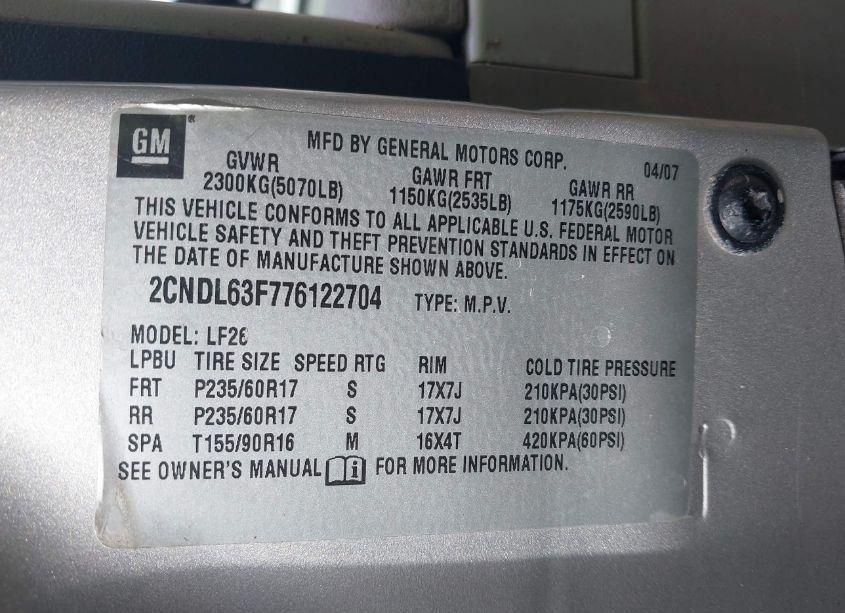 Photo 9 of 2007 Chevrolet Equinox LT (VIN 2CNDL63F776122704)