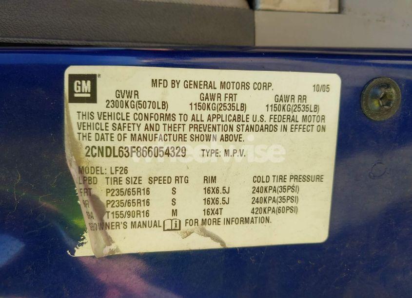 Photo 9 of 2006 Chevrolet Equinox LT (VIN 2CNDL63F866054329)