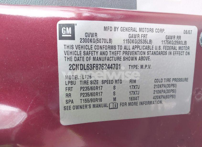 Photo 9 of 2007 Chevrolet Equinox LT (VIN 2CNDL63F876244701)