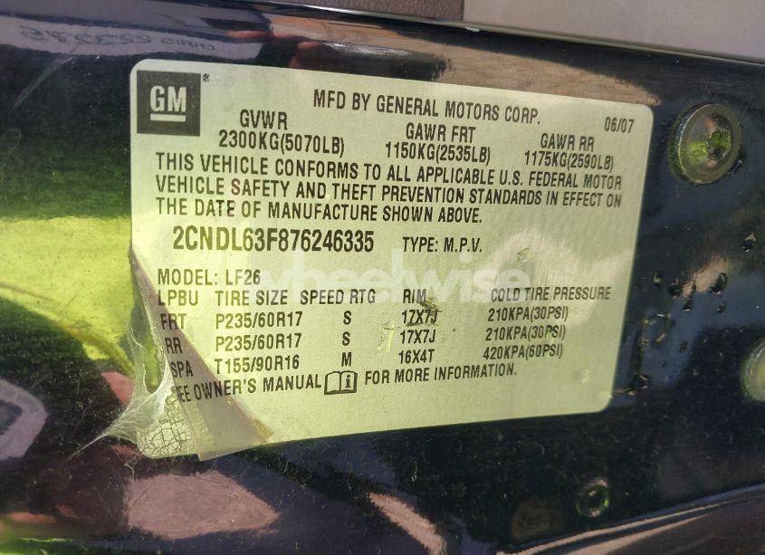 Photo 9 of 2007 Chevrolet Equinox LT (VIN 2CNDL63F876246335)