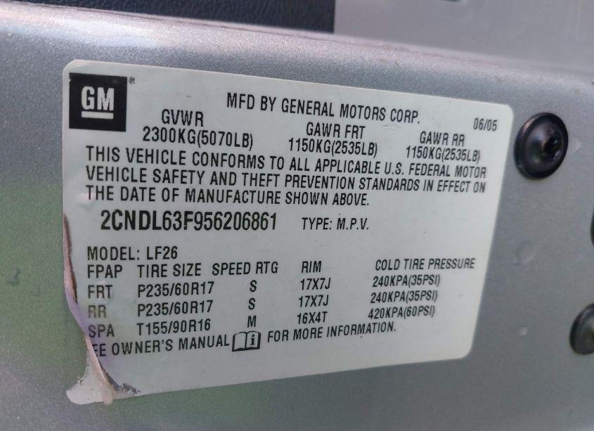 Photo 9 of 2005 Chevrolet Equinox LT (VIN 2CNDL63F956206861)