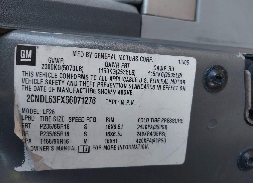 Photo 9 of 2006 Chevrolet Equinox LT (VIN 2CNDL63FX66071276)