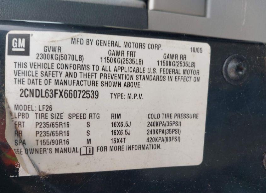 Photo 9 of 2006 Chevrolet Equinox LT (VIN 2CNDL63FX66072539)