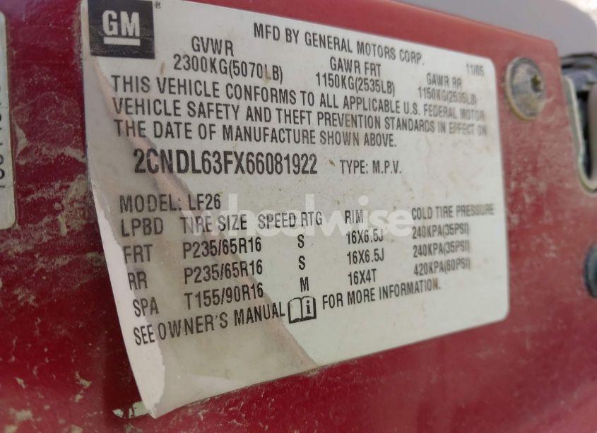 Photo 9 of 2006 Chevrolet Equinox LT (VIN 2CNDL63FX66081922)