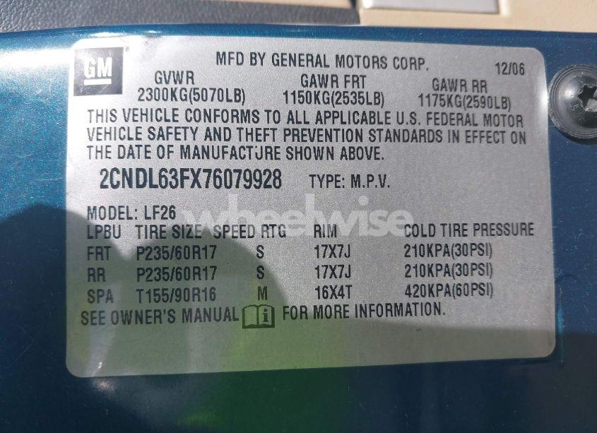 Photo 9 of 2007 Chevrolet Equinox LT (VIN 2CNDL63FX76079928)