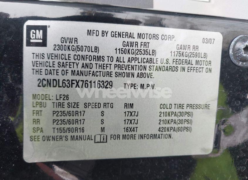 Photo 9 of 2007 Chevrolet Equinox LT (VIN 2CNDL63FX76116329)