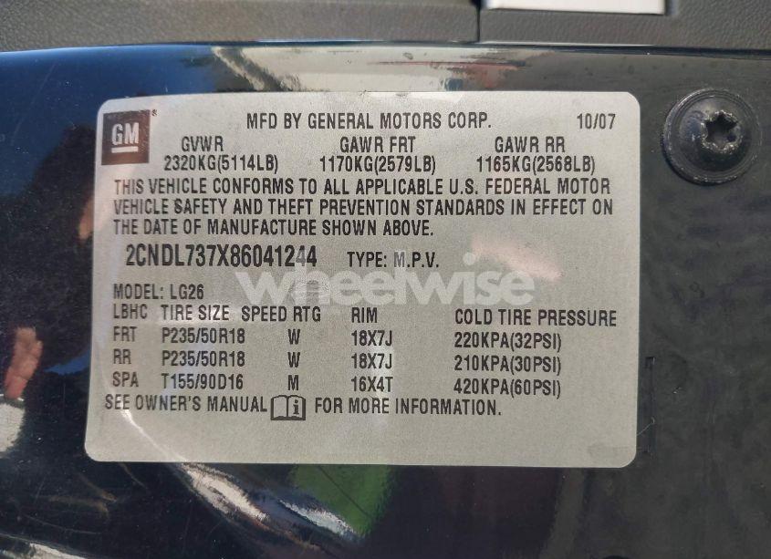 Photo 9 of 2008 Chevrolet Equinox SPORT (VIN 2CNDL737X86041244)