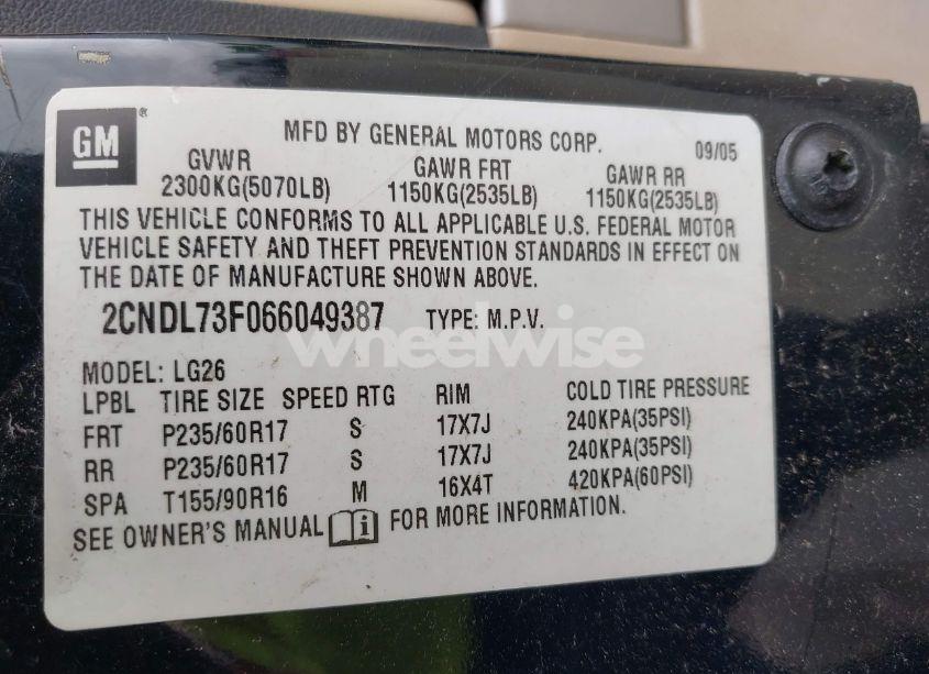 Photo 9 of 2006 Chevrolet Equinox LT (VIN 2CNDL73F066049387)