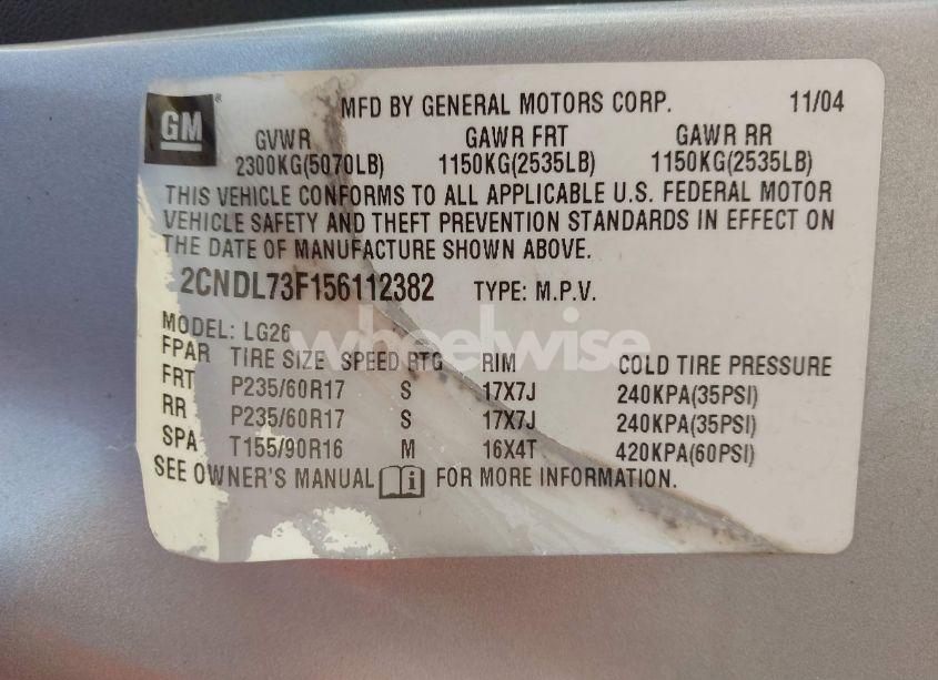 Photo 9 of 2005 Chevrolet Equinox LT (VIN 2CNDL73F156112382)