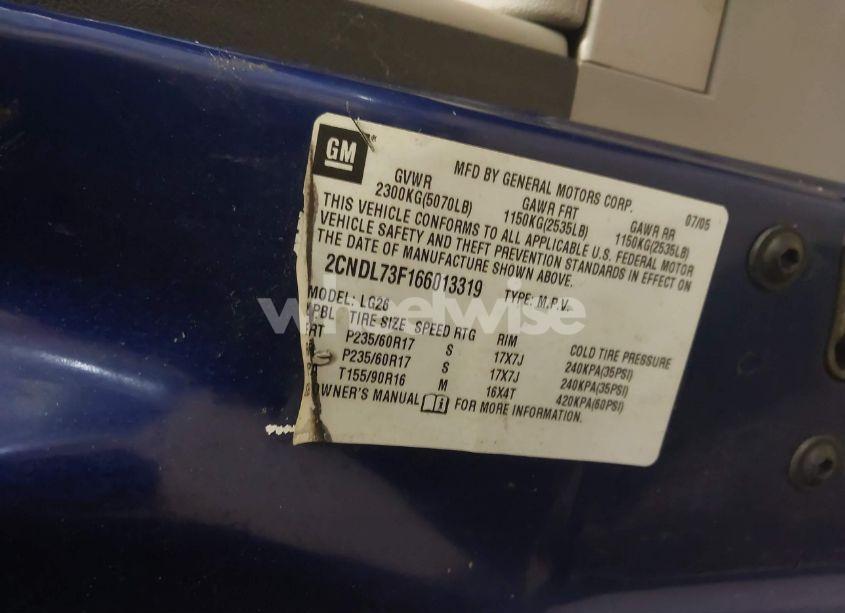 Photo 9 of 2006 Chevrolet Equinox LT (VIN 2CNDL73F166013319)