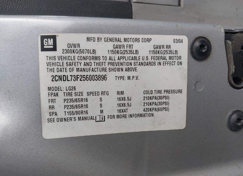 Photo 9 of 2005 Chevrolet Equinox LT (VIN 2CNDL73F256003896)