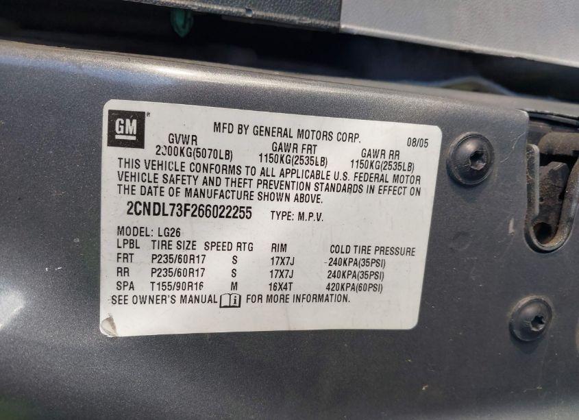 Photo 9 of 2006 Chevrolet Equinox LT (VIN 2CNDL73F266022255)