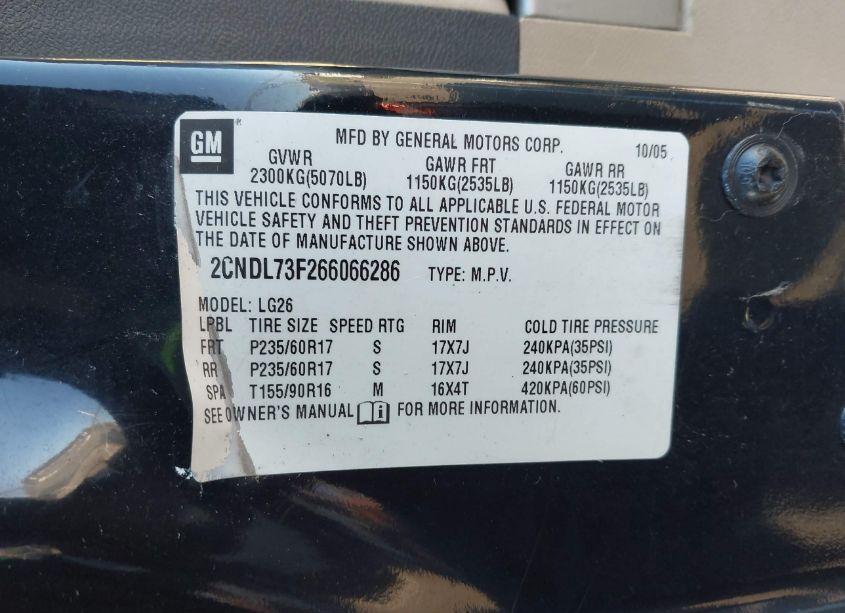 Photo 9 of 2006 Chevrolet Equinox LT (VIN 2CNDL73F266066286)