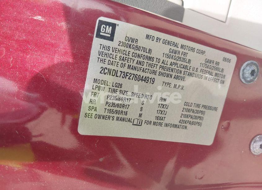 Photo 9 of 2007 Chevrolet Equinox LT (VIN 2CNDL73F276044919)