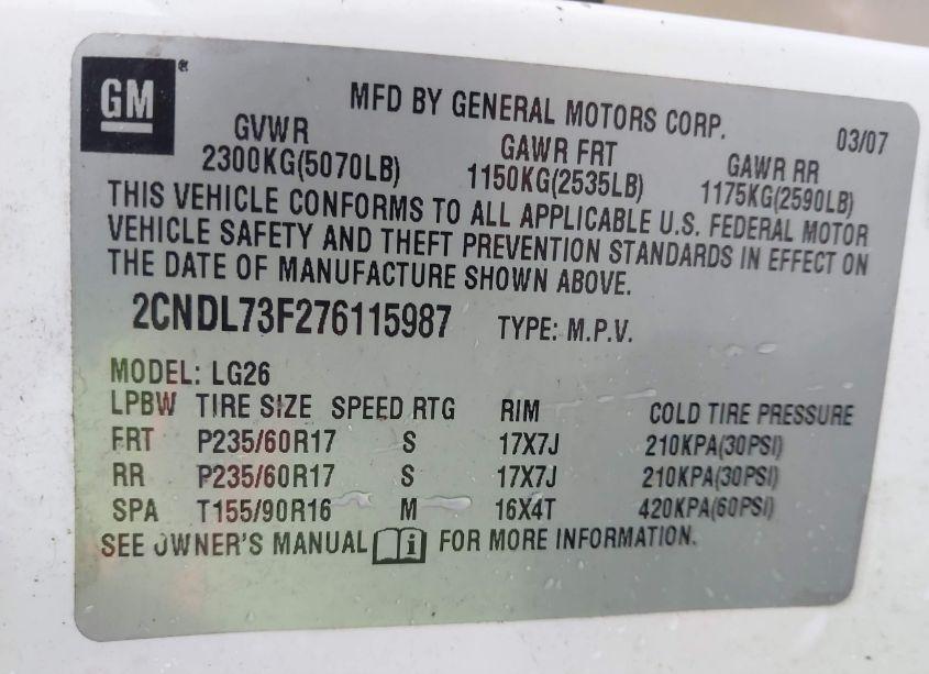Photo 9 of 2007 Chevrolet Equinox LT (VIN 2CNDL73F276115987)