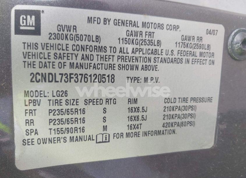 Photo 9 of 2007 Chevrolet Equinox LT (VIN 2CNDL73F376120518)