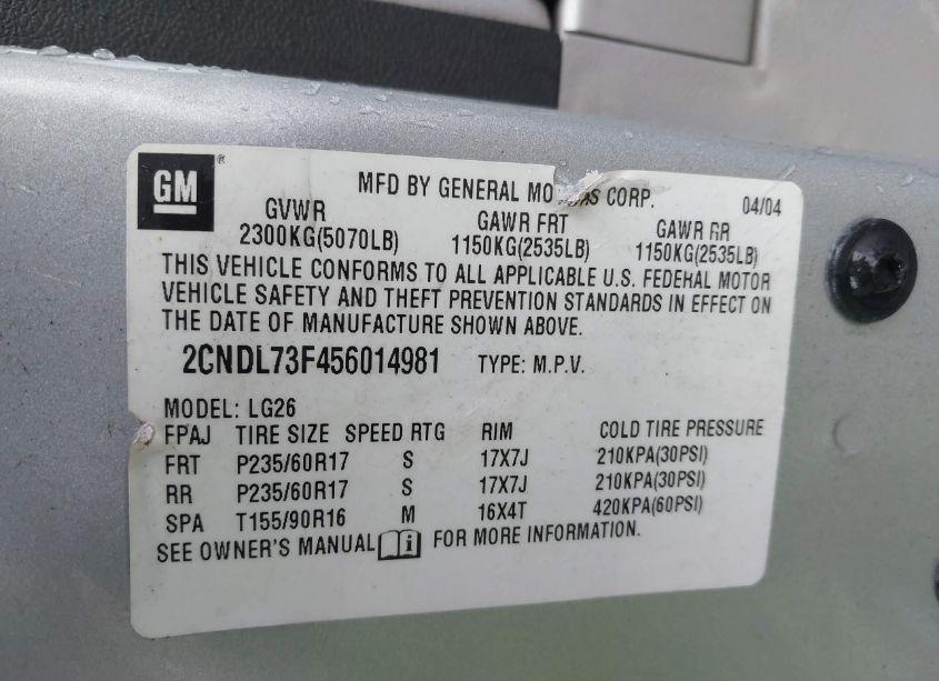 Photo 9 of 2005 Chevrolet Equinox LT (VIN 2CNDL73F456014981)