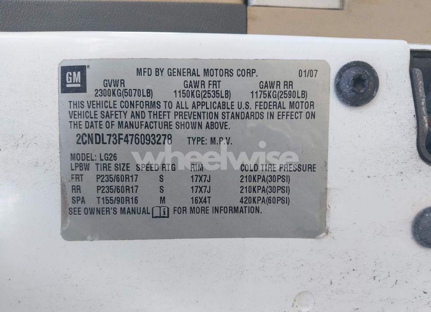 Photo 9 of 2007 Chevrolet Equinox LT (VIN 2CNDL73F476093278)