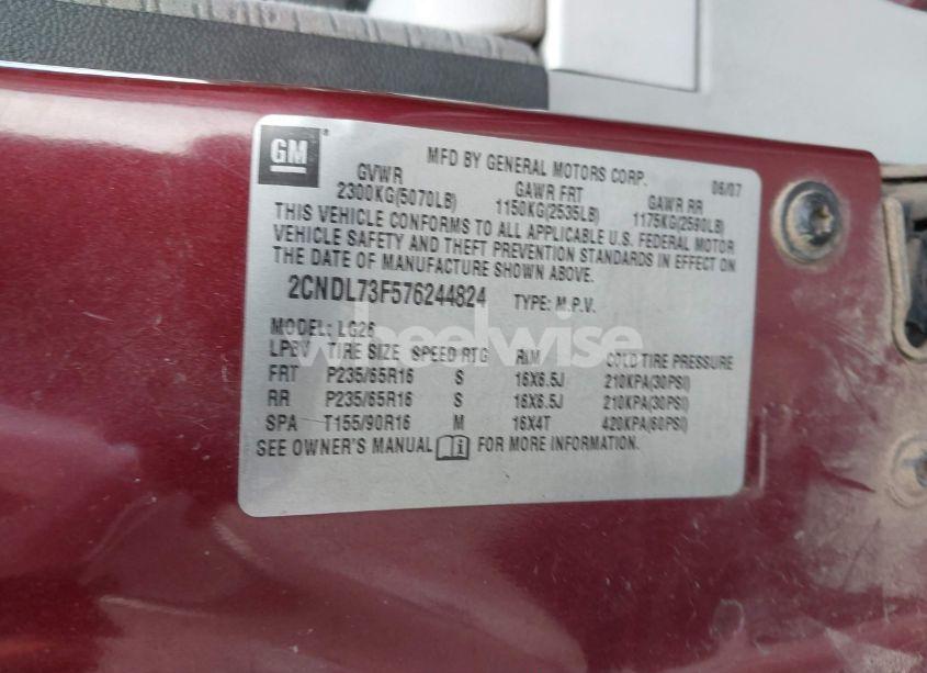 Photo 9 of 2007 Chevrolet Equinox LT (VIN 2CNDL73F576244824)