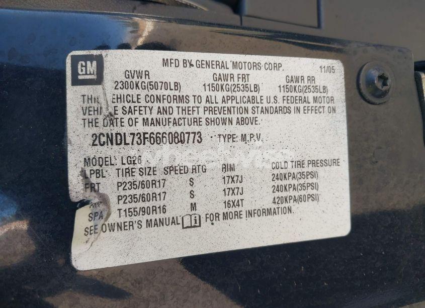 Photo 9 of 2006 Chevrolet Equinox LT (VIN 2CNDL73F666080773)