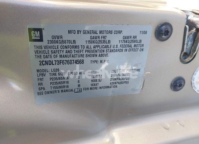 Photo 9 of 2007 Chevrolet Equinox LT (VIN 2CNDL73F676074568)