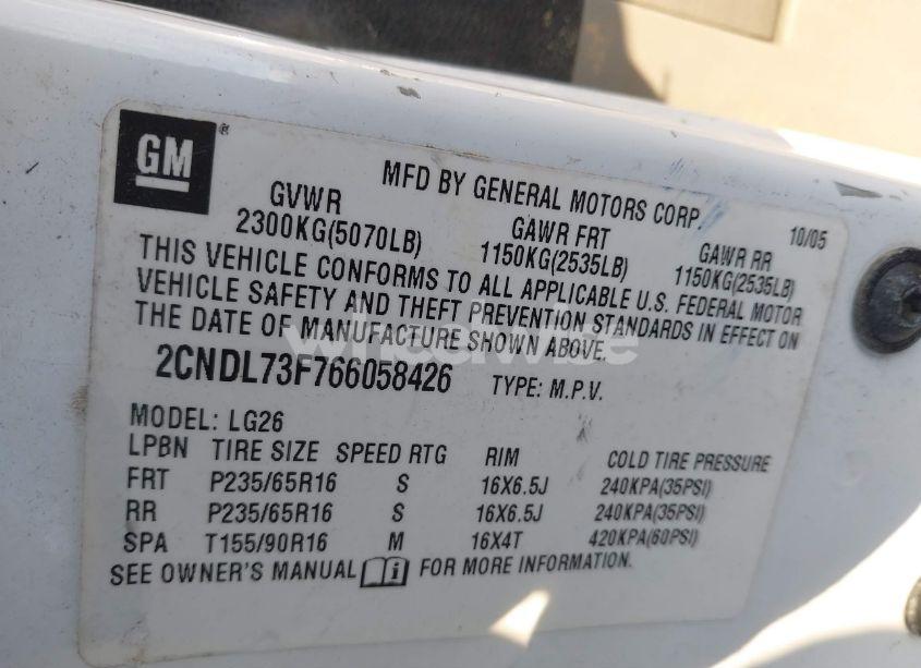 Photo 9 of 2006 Chevrolet Equinox LT (VIN 2CNDL73F766058426)