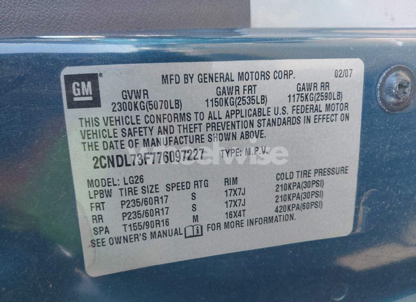 Photo 9 of 2007 Chevrolet Equinox LT (VIN 2CNDL73F776097227)